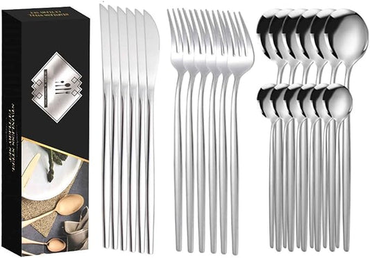 24 PCS Luxury Flatware Set Satin Finished, Matte Flatware Set Serving for 6 for Formal Events, Parties, Tablewar, Home and Restaurant, Dishwasher Safe(Black,B)