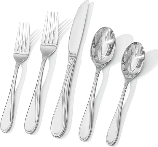HIKAA Wave Design Silverware Set Service for 4, 20-Piece Artistic Stainless Steel Flatware Set with Fibonacci Pattern, Heavy Duty Mirror Polished Cutlery Set