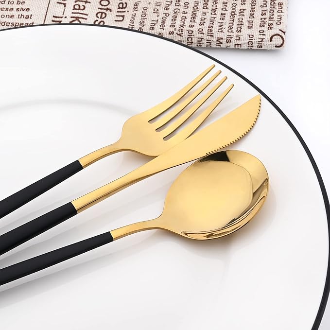 8-Piece Picnic Tableware Set, Mirror 18/0 Stainless Steel Couple Cutlery Set Include Knife, Fork, Spoon, Coffee Spoon, Metal Daily Basic & Classic Utensils For 2 People, Black Gold