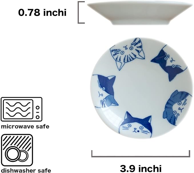 Japanese Cat Design Ceramic Small Plates - Set of 4 - Great for Sushi, Dips, & Desserts, Cat Quintet