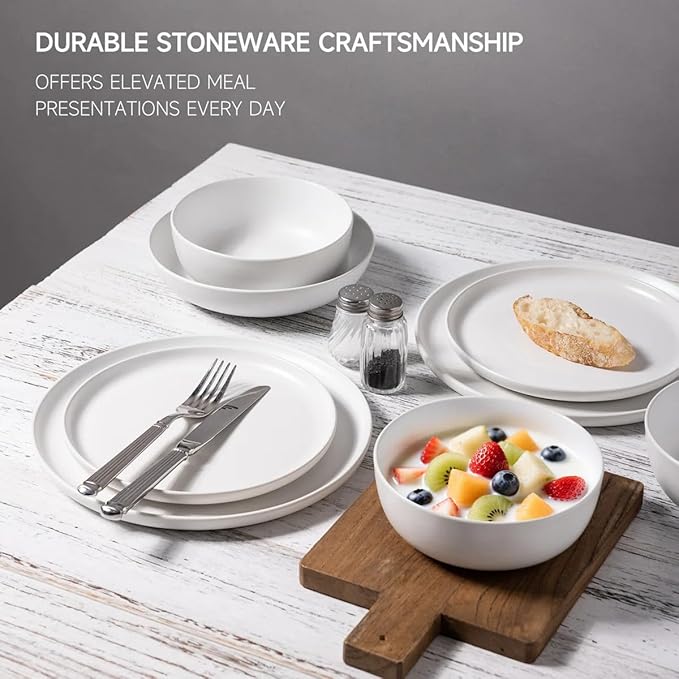 Stoneware Dinnerware Set, 16 Piece Plates and Bowls Set for 4, Microwave and Dishwasher Safe Tableware (white)