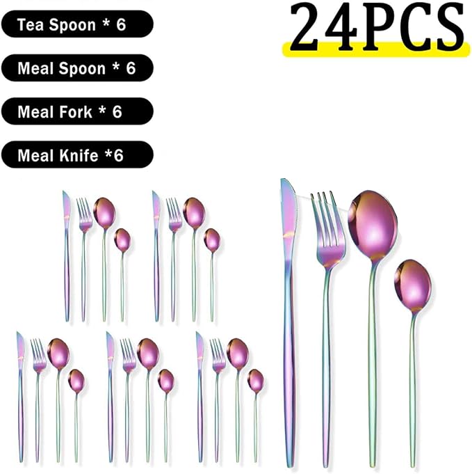 Serving Set Stainless Steel Tableware for 24 PCS, Mirror Polished, Slim Handle Serving Set for 6 for Formal Events, Parties, Food Barbeque, Dishwasher Safe(Rainbow Color,D)