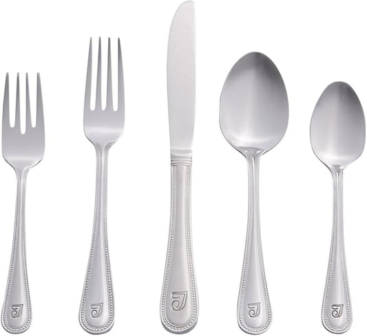 RiverRidge Monogrammed Beaded Flatware Set - T - 46-Piece Silverware with Custom Letter Stamp, 18/0 Stainless Steel Utensils Set for Daily Use & Special Occasions - Dishwasher Safe, Versatile Design