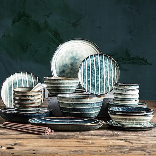 Retro Style Dinnerware Sets, Striped Art Style Plate and Bowl Sets, Japanese Ceramic Dishware Sets, Kitchen Plate Set for 4, 5, 6 People, Dishwasher and Microwave S (White 12Pcs)