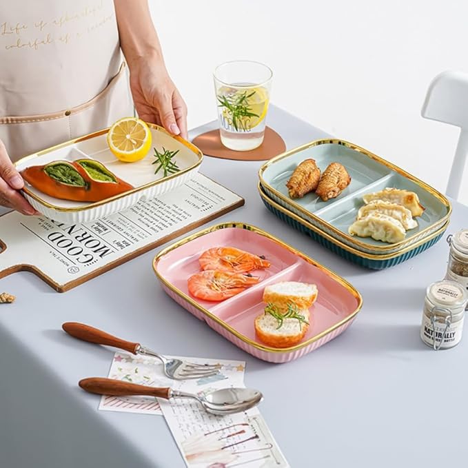 Porcelain Healthy Eating Plate, Ceramic 2 Compartment Divided Plates, Portion Control Plates for Adults Weight Loss, Length: 23.8cm/9.37 inch