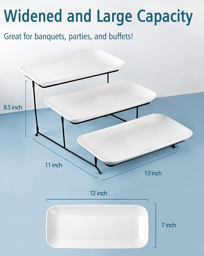 Delling 3 Tier Serving Tray for Dessert Table Display Set, 12 inch Tiered Serving Stand with Serving Dishes for Entertraining, Collapsible Sturdier Stand, White Serving Platters for Party Display Set