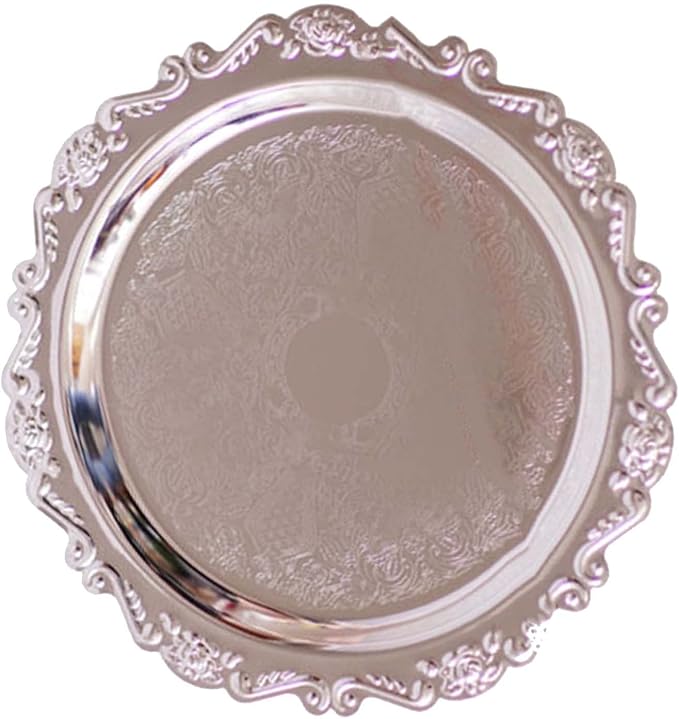 Round Fruit Plate, Metal Food Serving Tray Vintage Round Fruits Serving Platter Plates, Fruit Tray Dessert Cake Decorative Disk for Cakes, Desserts, and Baked Goods Wedding Holiday Party(Silver)