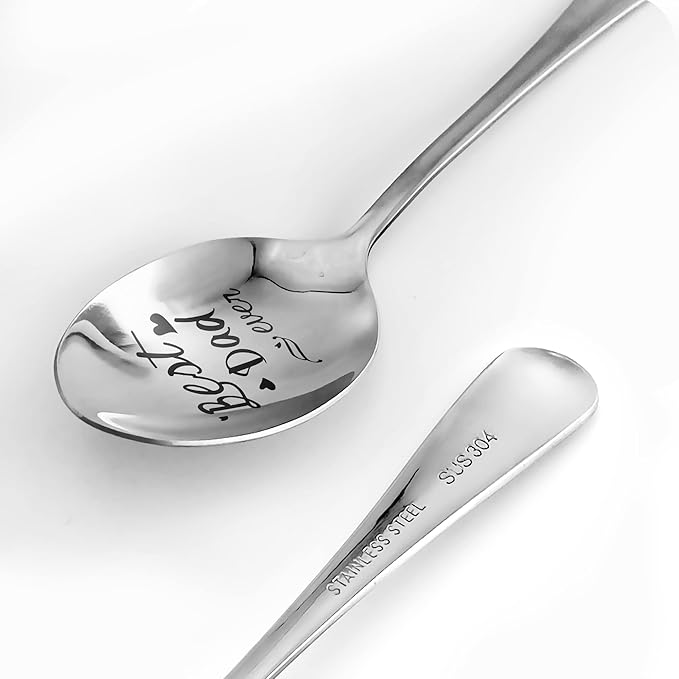 Engraved Stainless Steel Spoon Gift Best Dad Ever Spoon Dessert Spoon Ice Cream Spoon Dinner Spoon With Gift Box For Men Dad Grandpa Husband Birthday Father's Day