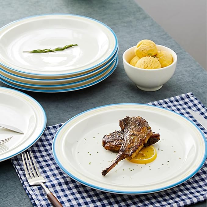 10.5-inch Porcelain Dinner Plate Set of 6 - Microwave, Oven and Dishwasher Safe, Scratch Resistant. (Cozy Blue)