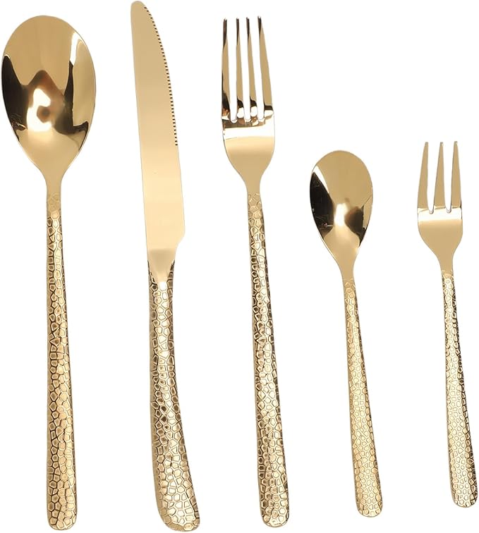 Pssopp Hammered Silverware Set, Serving Sets Flatware Set Service for 4 Person Home Party Wedding Eating Hammered Silverware, Stainless Steel Tableware Mirror Polished Cutlery (Gold)