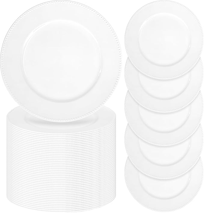 fani 100 Pcs White Charger Plates Bulk, 13'' Round Beaded Dinner Charger Plates, Plastic Reusable Vintage Table Decoration for Wedding, Party, Reception, Event, Holiday Supplies