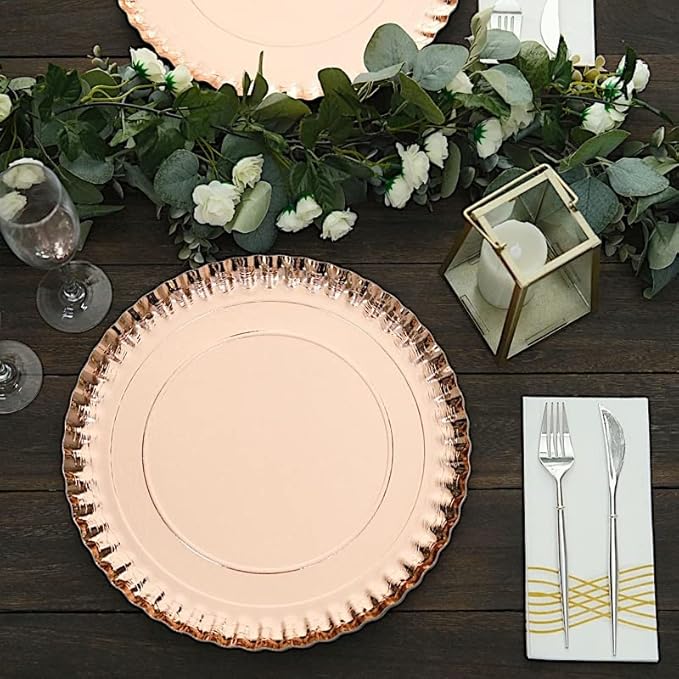 10 Rose Gold 13 in Round Paper Serving Trays with Scalloped Rim Design - Disposable Wedding Party Tableware Supplies