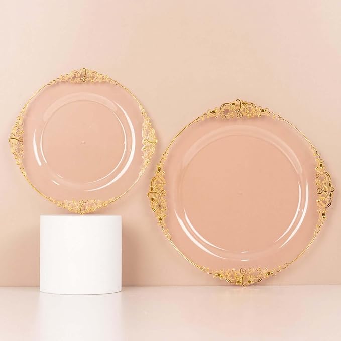 8" Salad Plates -Set of 20 - Plastic Transparent Blush Round Baroque Disposable Chargers Leaf Embossed Rim, Ideal for Dinner Party Wedding Bulk Events