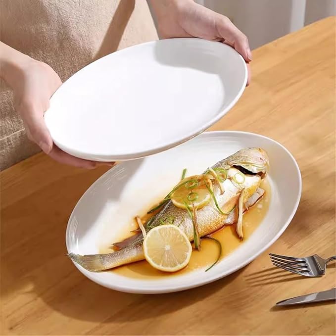 SONGCHAO Party Supplies Fish Plate Household Steamed Fish Plate Ceramic Pure Cabbage Plate Light Luxury Plate Creative Oven Double Line Plate Dinner Plate Party Plates (Size : Small)
