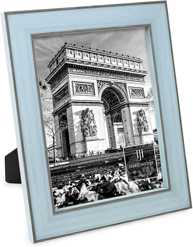 Isaac Jacobs 8x10 Blue w/Brown (Vertical & Horizontal) Double Border Picture Frame w/Black Fabric Easel, Wall-Mountable, Made for Tabletop & Gallery, Home or Office (8x10, Blue W/Brown)