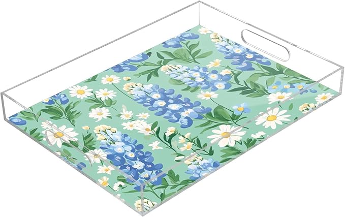 Serving Tray with Handles Clear Acrylic Tray 12x16 Inch Decorative Rectangular Tray Organizer for Ottoman Coffee Table Bathroom Mint Green Bluebonnet and Daisies