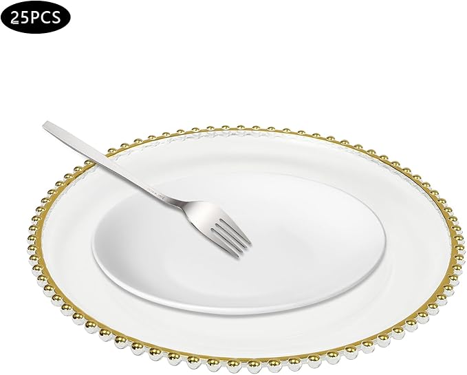25 Pack Gold Charger Plates – Elegant Round Decorative Plates with Beaded Edge – Clear & Gold Hot-Stamped PS Platters for Weddings, Parties, Banquets – Stackable, Reusable