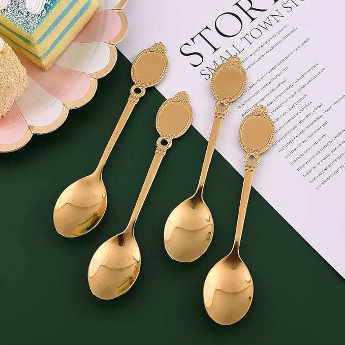 Dessert Spoon Set, 10Pcs Stainless Steel Creative Tableware Coffee Spoon Gold Plated Mini Teaspoons Set Sugar Stirring Ice Cream Soup Mixing Antipasto Cappuccino Cake Spoons