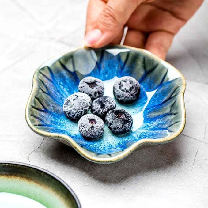 VICASKY 3pcs Ceramic Seasoning and Appetizer Plate Set with Lotus Leaf Shape, Assorted Blue Gradient, Rice and Vintage White Colors, Porcelain Sauce Dishes for Kitchen Dining Random Color