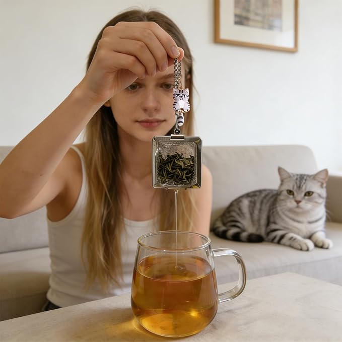 Cat Tea Infuser Set, 2PCS Cubic Loose Leaf Tea Steeper Reusable Stainless Steel Mesh Bags, Cute Tea Strainer with Waving-Tail Cat Charms (Orange Tabby & Silver Tabby)