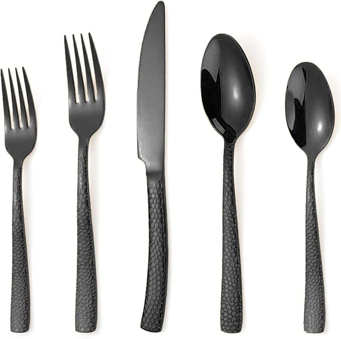 Black Hammered Silverware Set for 2, MIKIWAY 10 Pieces Stainless Steel Luxury Flatware Set, Cutlery Tableware Set, Kitchen Utensils Set Include Spoons And Forks Set, Mirror Polished, Dishwasher Safe