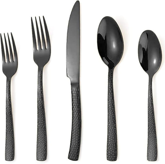 Black Hammered Silverware Set for 2, MIKIWAY 10 Pieces Stainless Steel Luxury Flatware Set, Cutlery Tableware Set, Kitchen Utensils Set Include Spoons And Forks Set, Mirror Polished, Dishwasher Safe