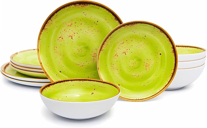 TP 12-Piece Dinnerware Set, Melamine Dishes Set with Bowls and Plates, Non-breakable and Lightweight Dinner Service for 4, Green Swirl