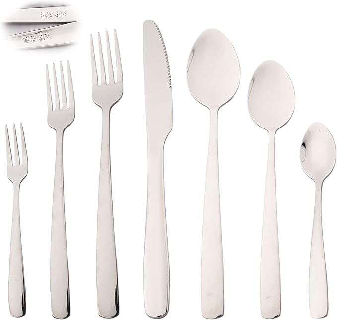 28pcs 304 Stainless Steel Silverware Set with Cake Forks Teaspoons, Elegant Utensils Cutlery Set, Mirror Serving Flatware Set, Service for 4, Dishwasher Safe