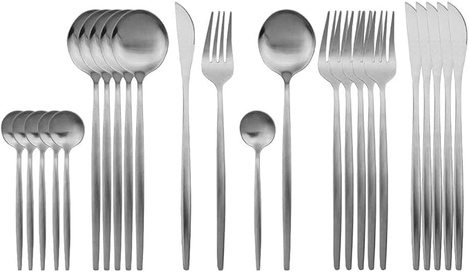 JASHII Silverware 24-piece Silver Cutlery Set Stainless Steel Kitchen Metal Utensils Group Serves 6, Matte Finish Tableware Set for Party, Christmas, Dinner (Matte Silver)