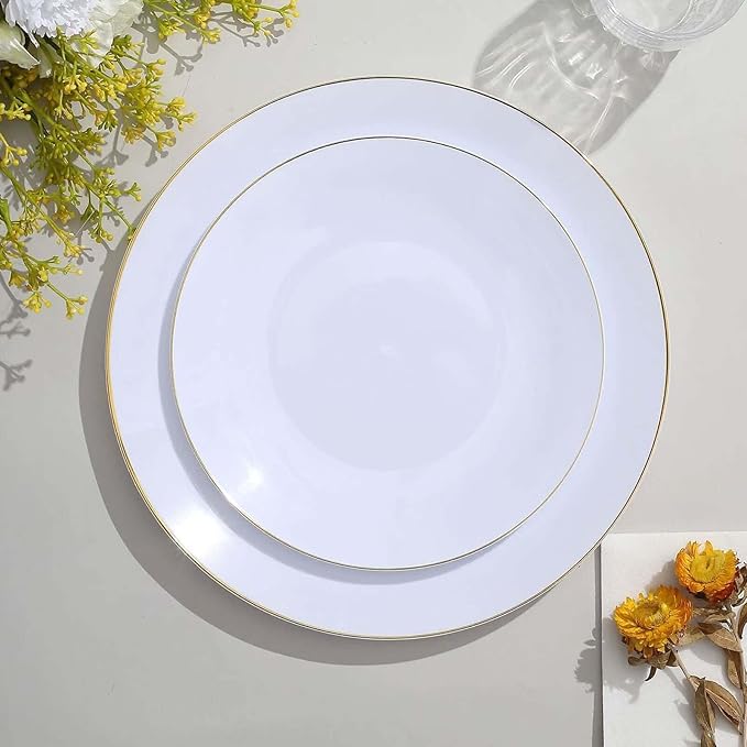 Efavormart 10 Pack | 8" Glossy White Round Plastic Dinner Plates With Gold Rim, Disposable Party Plates