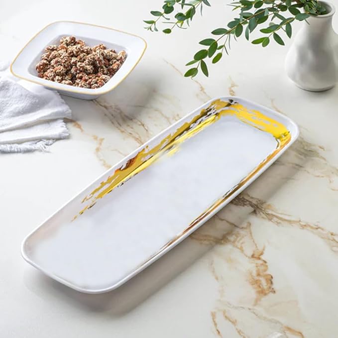 Disposable Whisk Collection Plastic White Oval Serving Tray Gold Accent 6.5" x 17.5" - Stunning and Perfect for Any Occasions: Pack of 2
