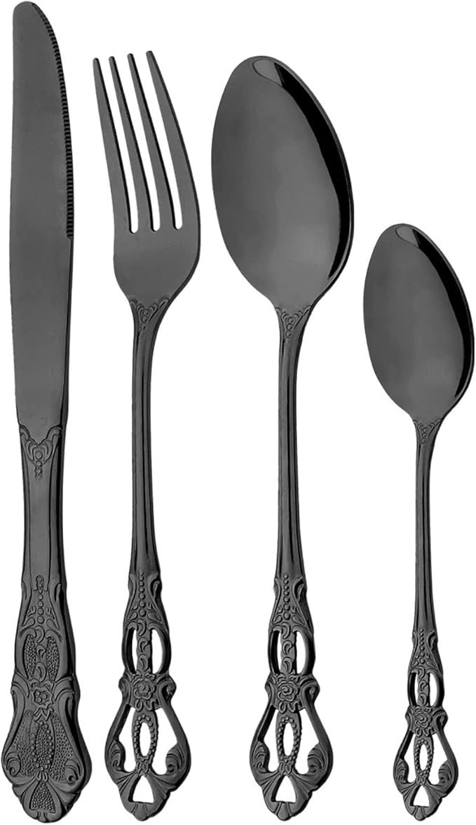 Mirror Polished Black Silverware Set, 24-Piece 18/10 Stainless Steel Shiny Finish Flatware Set Service for 6, Kitchen Utensil Set, Tableware Cutlery Set for Home and Restaurant Dishwasher Safe