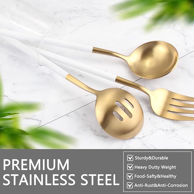 Serving Utensils,Set of 5 Matte Whitegold Large Serving Spoon,Slotted Serving Spoon and Serving Fork,with Sugar Spoons and Butter Knife,Stainless Steel Serving Utensils Set for Party Catering Buffet