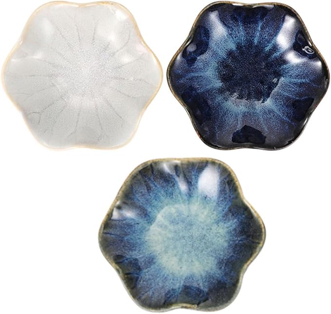3pcs Ceramic Seasoning Dishes Set – Assorted Blue Gradient, Natural Straw, Vintage White – Small Appetizer Plates for Sauce, Spice, and Condiment Serving in Kitchen Random Color