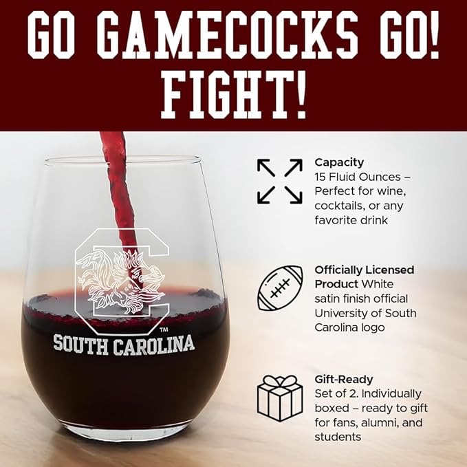 South Carolina Gamecocks Satin Frost Stemless Wine Glass Set – Official Clear Glass with White Logo – Heavy-Duty Made in USA Drinkware – Dishwasher Safe – Set of Two, 15 oz