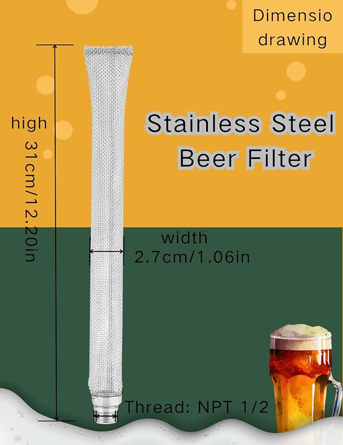 Stainless Steel Beer Filter, 12" pipe screens Boil Screen with Threaded Connection(1/2in Female Male NPT) for Homebrew Beer Brewing Equipment