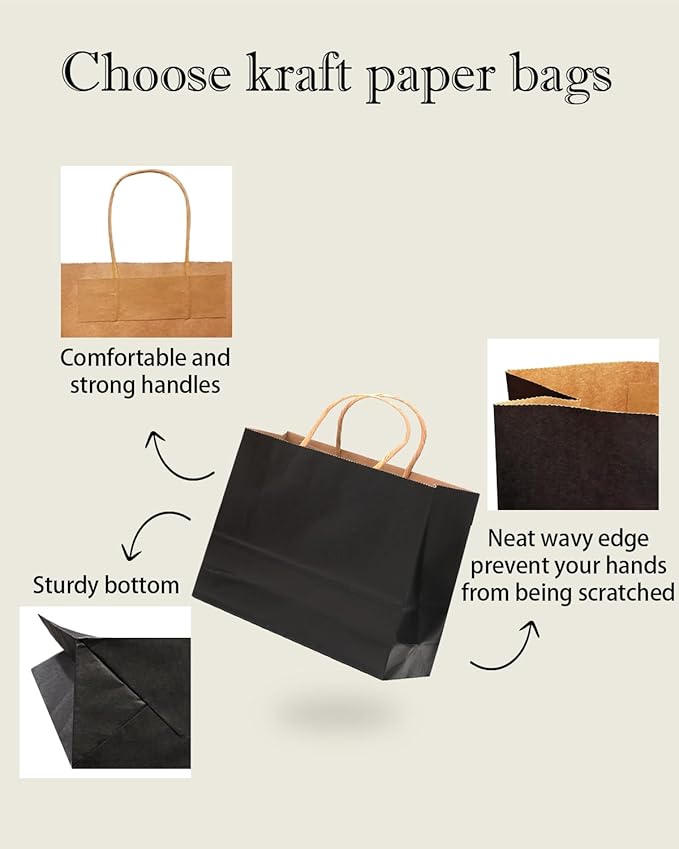 qiqee 13"x4.5"x10" Large Gift Bag with Handles Bulk 100PCS Gift Paper Bags Black Bags Multiple Uses (Wide Large)
