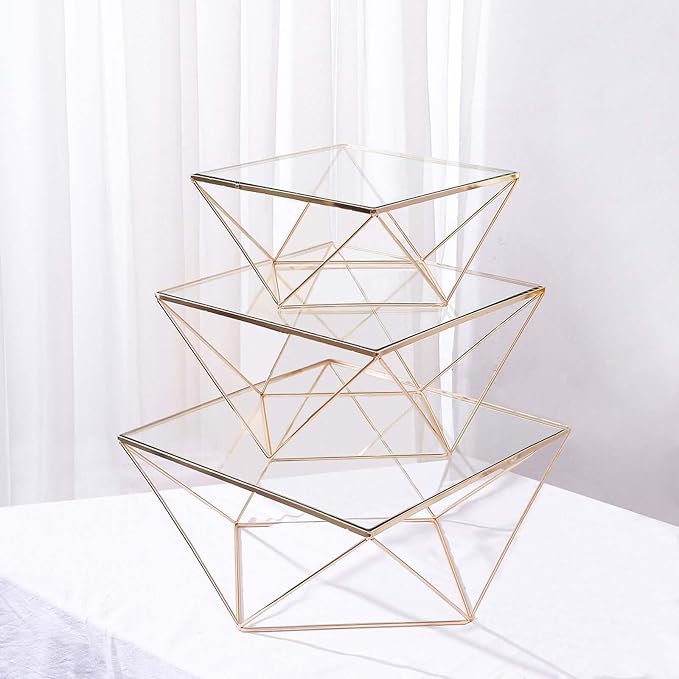 Efavormart Set of 3 Metal Geometric Cake Stand Gold Cake Riser with Glass Top Glossy Metallic Finish for Dessert Cupcake Pastry Candy Display Plate Event, Birthday Party