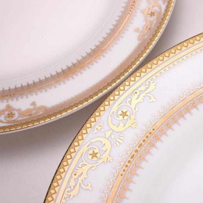 8 pieces bone china dishes set for 2, ceramic plate set with gold thread, elegant royal pattern dinnerware sets for wedding, housewarming, birthday