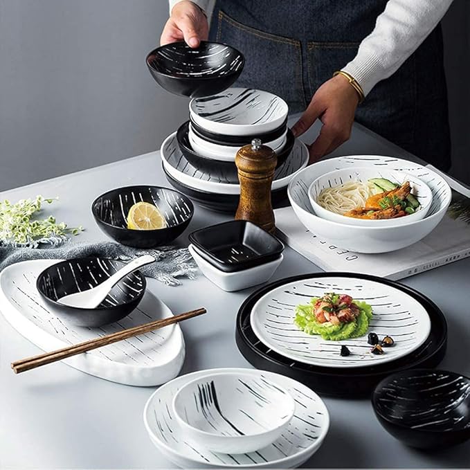 Stylish Dinner Plates,Ceramics Dinner Sets, 56 Pieces Porcelain Dinnerware Combination Set | Black and White Matte Plates and Cereals Bowls Sets for Family Gathering