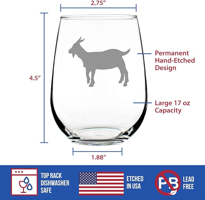Bevvee Goat Stemless Wine Glass - Farm Animal Themed Decor and Gifts for Goat Lovers - Large 17 Oz