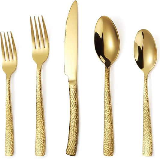 Gold Hammered Silverware Set for 2, MIKIWAY 10 Pieces Stainless Steel Luxury Flatware Set, Cutlery Tableware Set, Kitchen Utensils Set Include Spoons And Forks Set, Mirror Polished, Dishwasher Safe