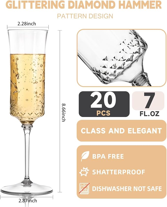 supernal 20 Pack Plastic Champagne Flutes - 7Oz Clear Crystal Champagne Glasses -Plastic Toasting Glasses 3-Pieces Durable Perfect for Party Birthday Anniversary Wedding