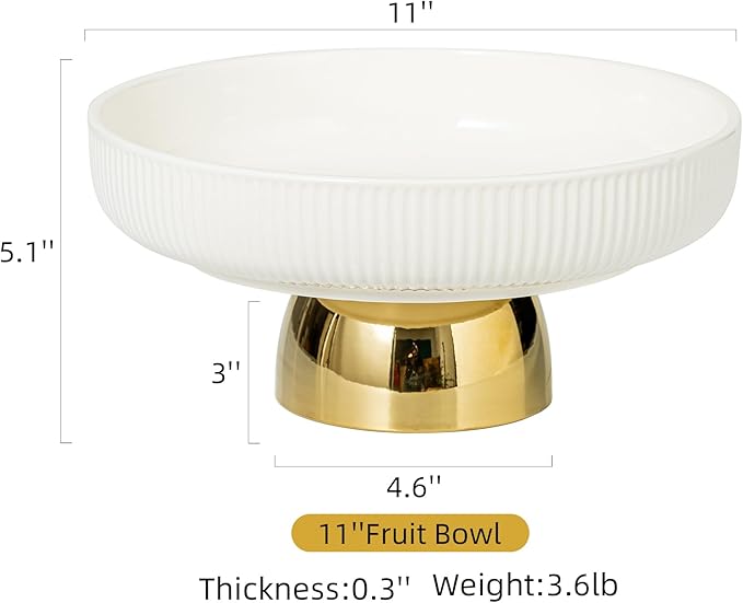 Ceramic Fruit Bowl,11-Inch Large Decorative Bowls,White Pedestal Tray and Gold Base, Fruit Bowl for Kitchen Counter, Bread and Fruit Trays,Salad or Dessert Display Trays for Parties. (XL)