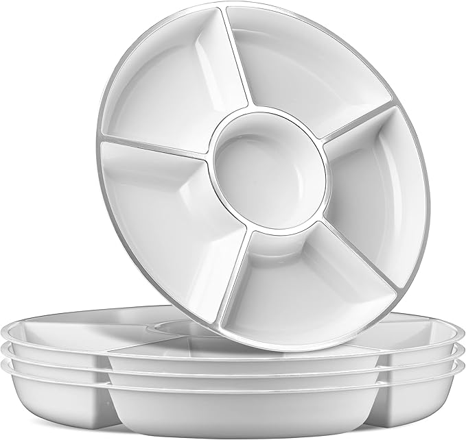 Plasticpro 6 Sectional Round Plastic Serving Tray/Platters White & Silver Pack of 8