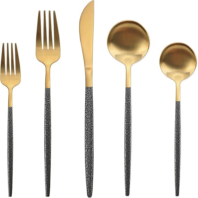 20-Piece Silverware Set for 4, Gold Flatware With Black Handle, Durable 18/8 Stainless Steel Kitchen Eating Tableware, Includes Fork Knife Spoon, Dishwasher Safe