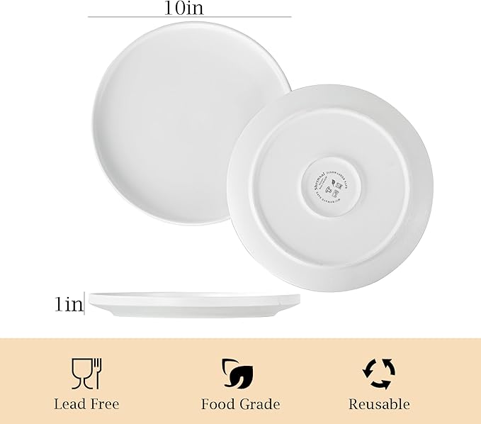 Ceramic Dinner Plates, 10.25 Inch Flat Dish Set for 4, Perfect for Family and Entertaining, Microwave & Dishwasher Safe, Dinner Dishes for Steak, Sandwiches, Pizza, Pasta, Modern White