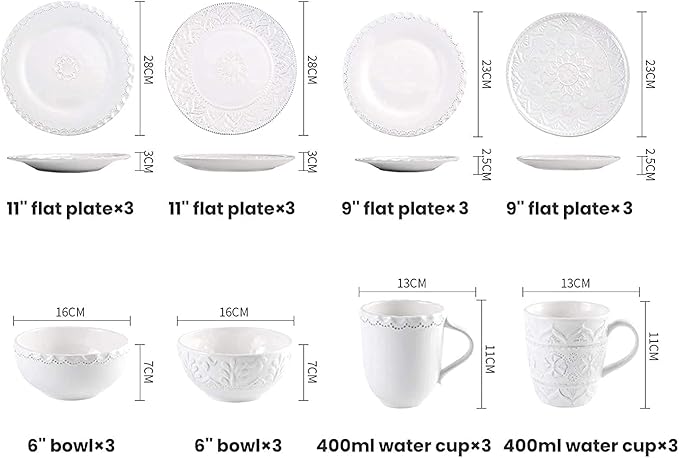 Ceramics Dinner Sets, 24 Pieces White Vintage Relief Porcelain Dinnerware Set | Nordic Style Cereal Bowl Steak Plate and Mug