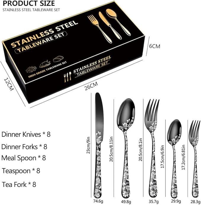 XIAOYU 40 Piece Silverware Set, Stainless Steel Flatware Set, Service for 8, Unique Pattern Design, Includes Dinner Knives/Forks/Spoons, Mirror Polished Cutlery Set, Black