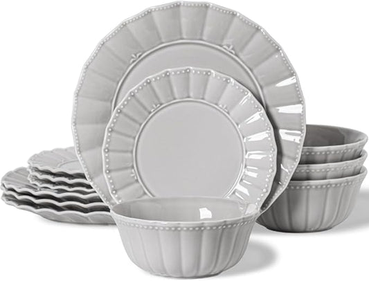 HOMBENE Dinnerware set, 12 Piece plates and bowls sets for 4, Ceramic Modern dish set for party, Porcelain dish set, House gift, Microwavable safe, Light Grey